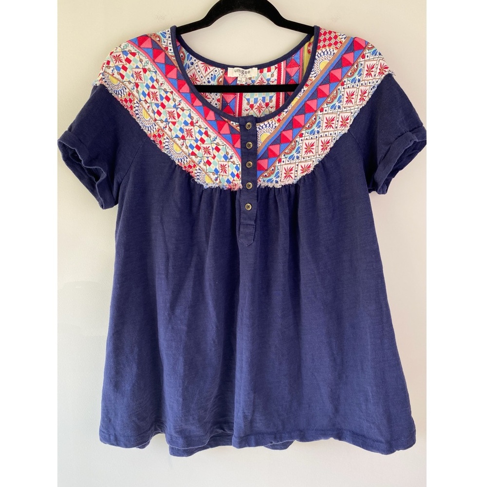 Umgee Womens Patchwork Henley‎ Blouse L Navy Cottagecore Cotton Casual Cute